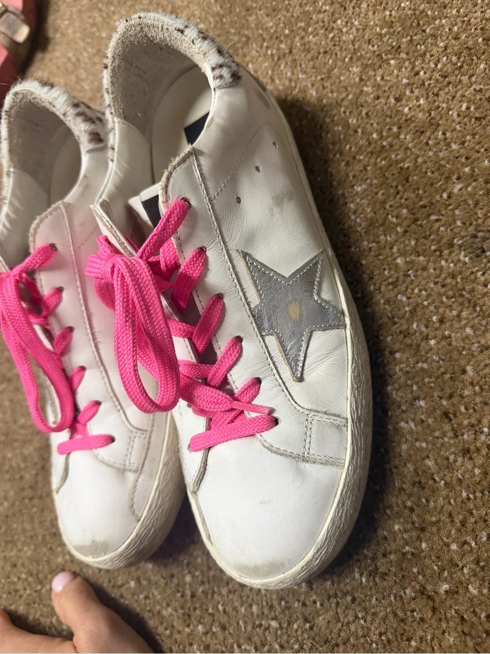 White Leather Golden Goose Star Sneakers with Pink Laces